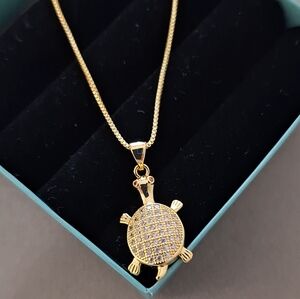 Gold Filled Diamonds Baby Turtle Pendant Necklace